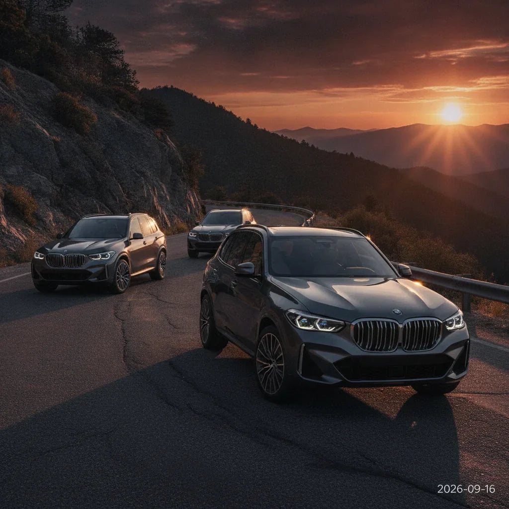 Editorial photo-realistic HERO image for automotive news (2026-09-16). Feature BMW vehicles specifically 2027 BMW X5. Scene: The sleek 2027 BMW X5 par