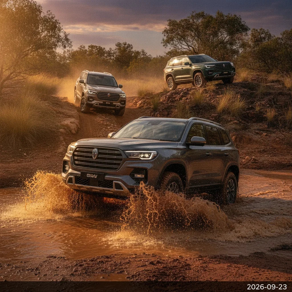 Editorial photo-realistic HERO image for automotive news (2026-09-23). Feature GWM vehicles specifically New Diesel SUV. Scene: A rugged off-road sett