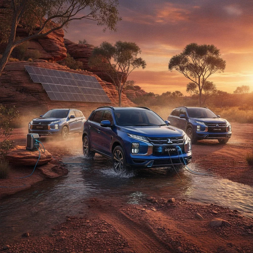 Editorial photo-realistic HERO image for automotive news (2026-09-24). Feature Mitsubishi vehicles specifically 2027 ASX VR-e. Scene: The Mitsubishi A