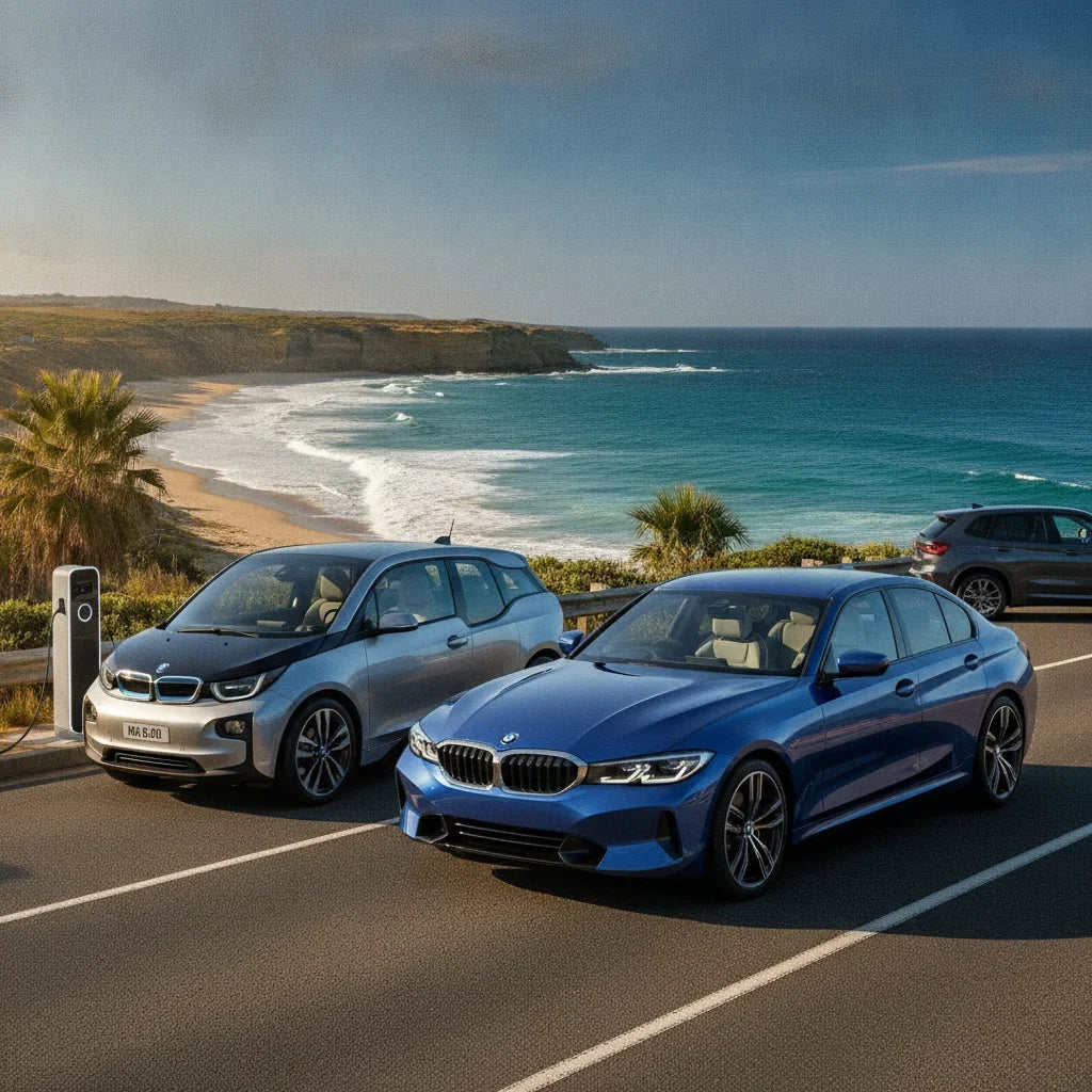 Editorial photo-realistic HERO image for automotive news (2026-09-30). Feature BMW vehicles specifically 2027 BMW 3 Series, 2027 BMW i3. Scene: A slee