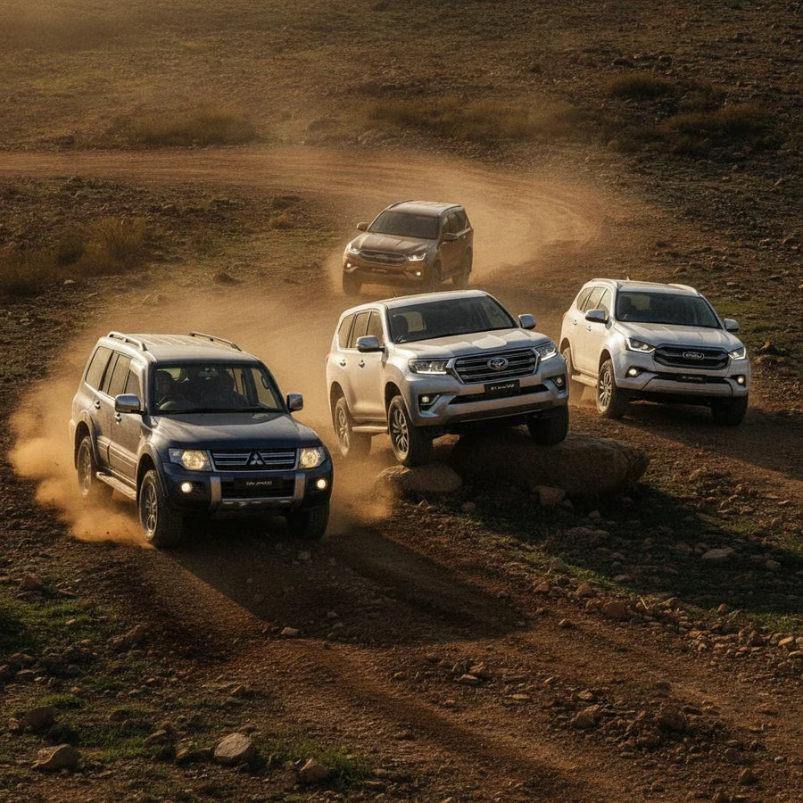 Editorial photo-realistic HERO image for automotive news (2026-10-04). Feature Mitsubishi and Toyota and Ford and Isuzu vehicles specifically Pajero, 