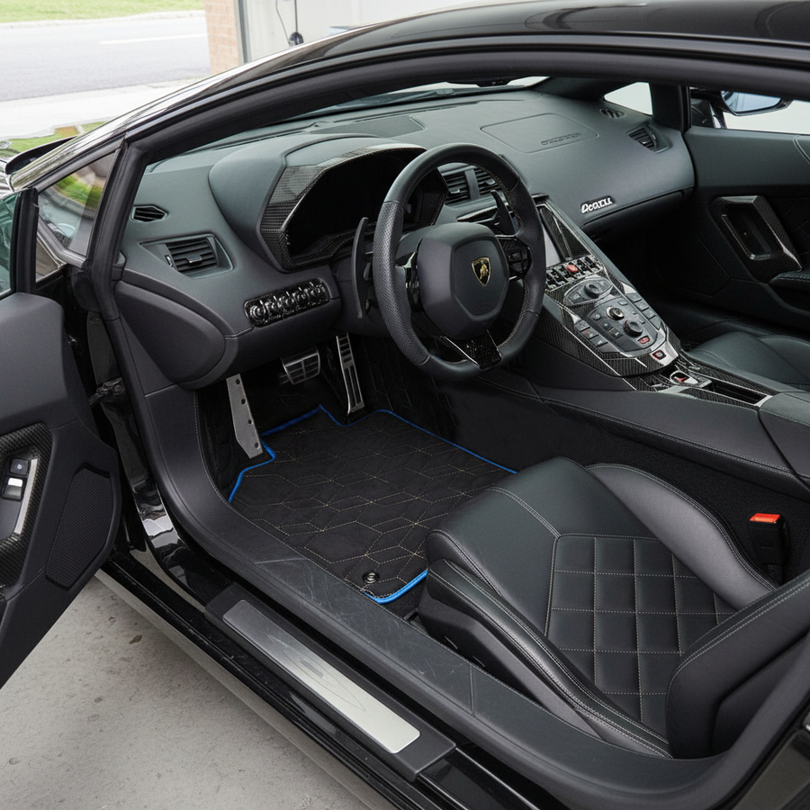 Anpassbare Lederfußmatten für Lamborghini Aventador SVJ Limited Edition mit blauem Rand