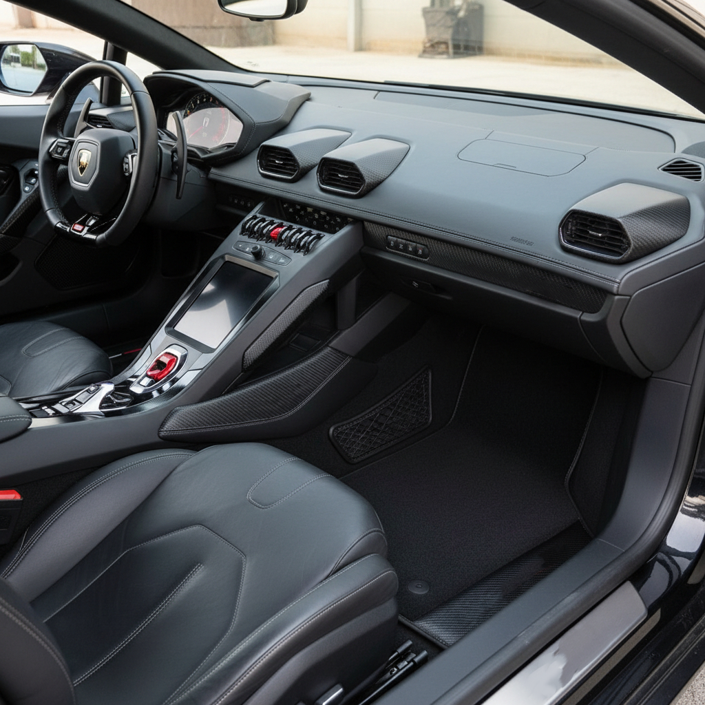 Custom Black Floor Mats for Lamborghini Huracan STO With Carbon Fiber Leather