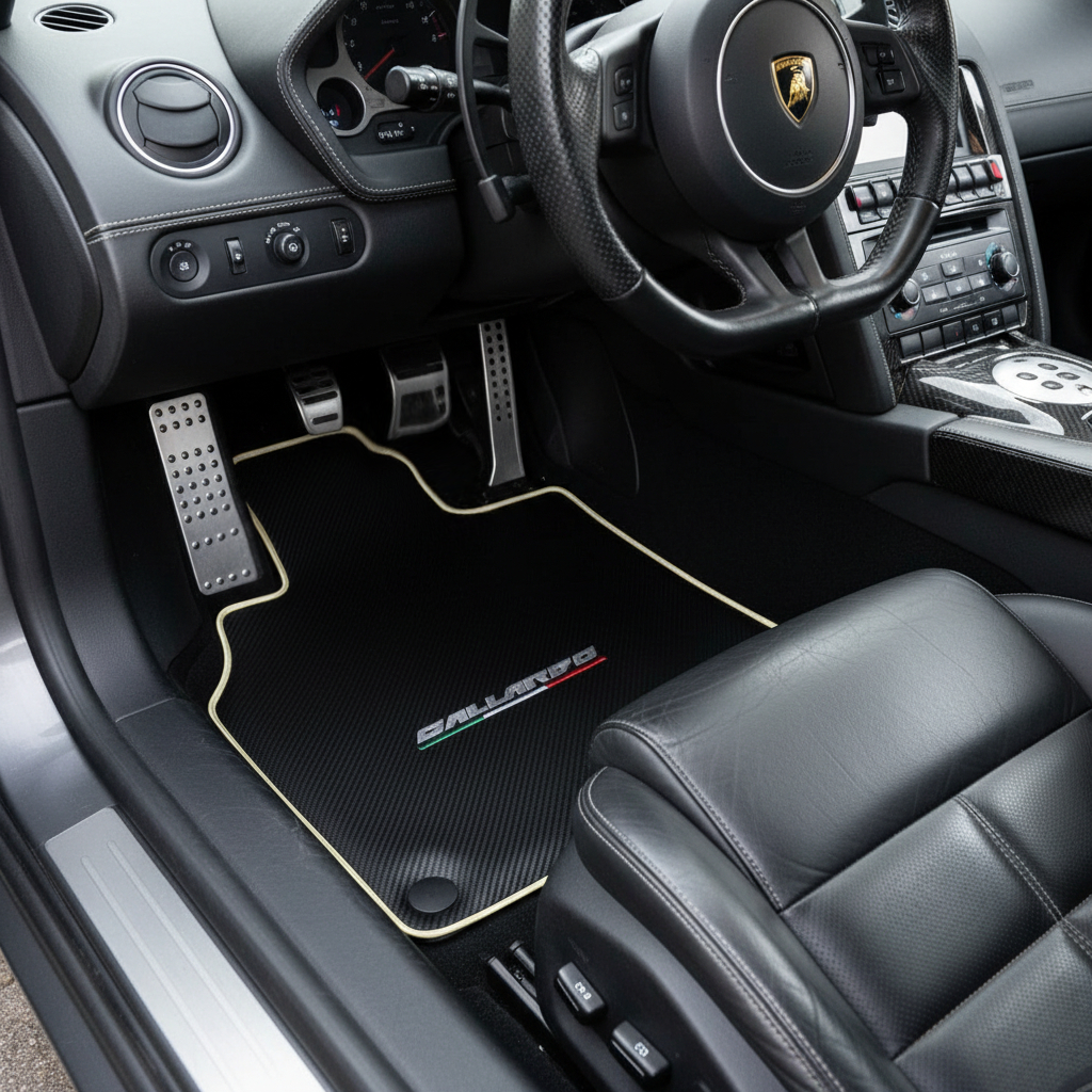 Tappetini personalizzati neri per Lamborghini Gallardo con pelle Arancia Mira Nappa arancione - AutoWin.EU