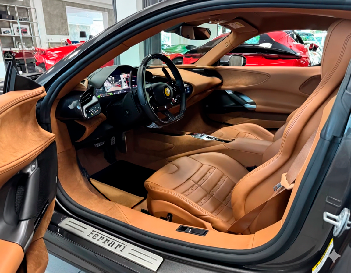 Tapetes de coche negros para Ferrari SF90 Stradale (2019-2024) con cuero dorado