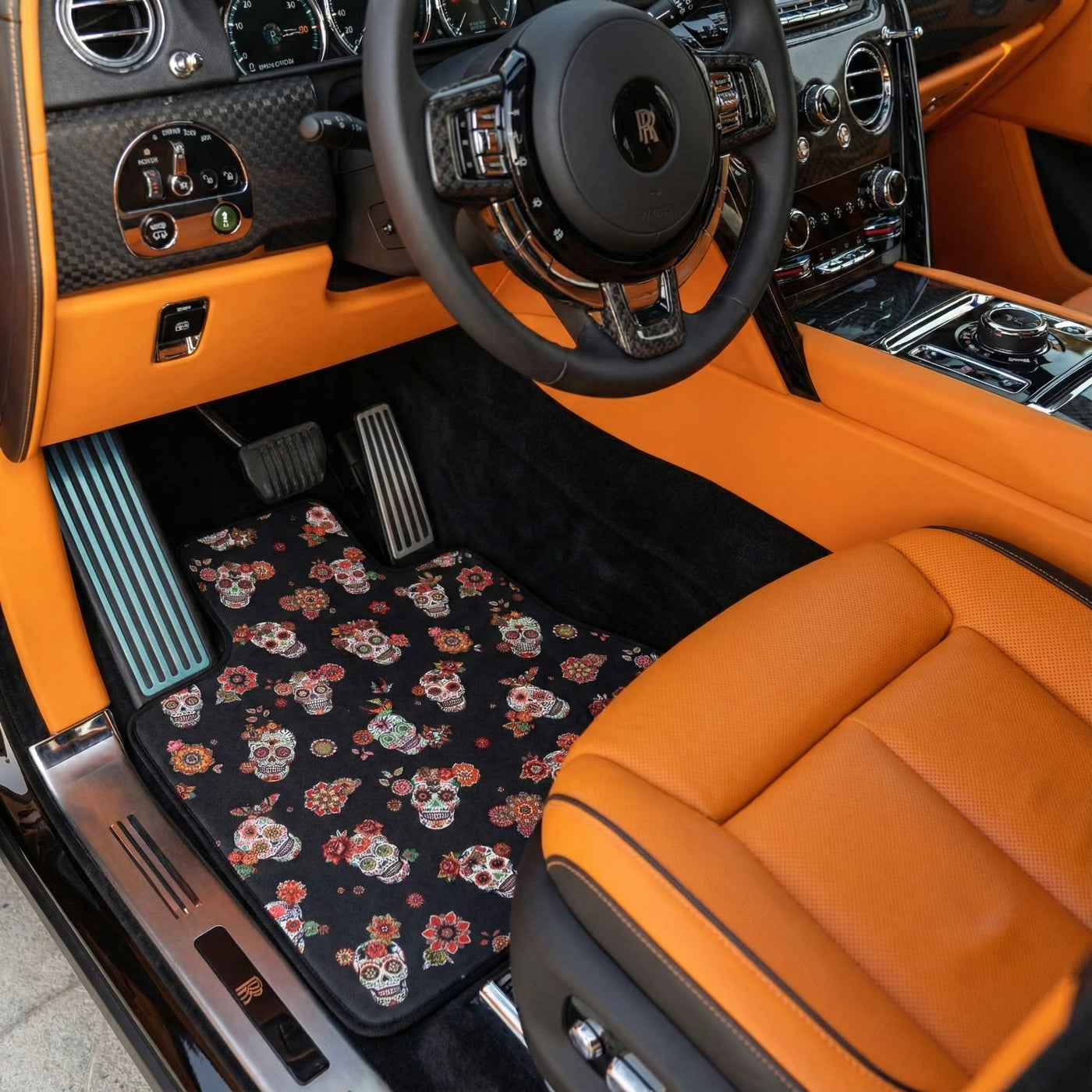 Black Floral Skull Design Car Floor Mats for Rolls-Royce Cullinan (2018-2025)