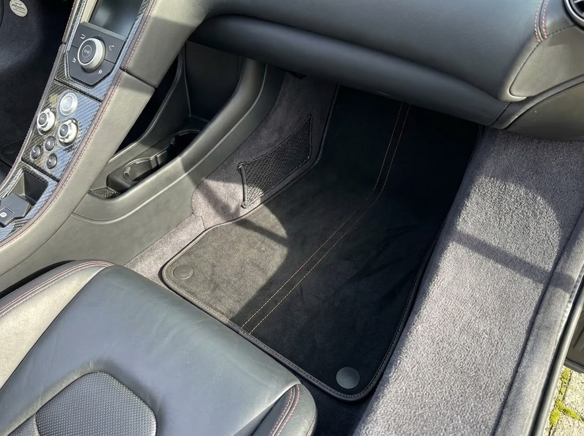 Interior look of floor mats for Floor Mats For McLaren MP4-12C (2011–2014) Alcantara Black Tailored Carpets With Orange Sewing