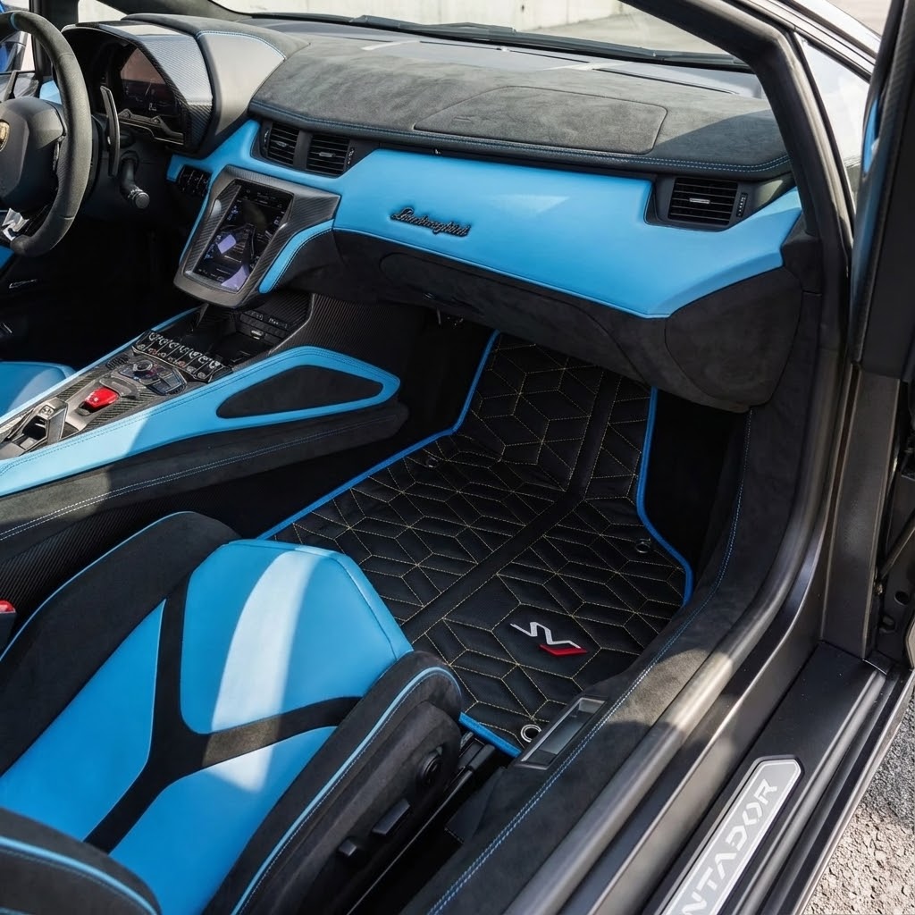Tapis de voiture en cuir pour Lamborghini Aventador SVJ Édition Limitée avec Bordures Bleues