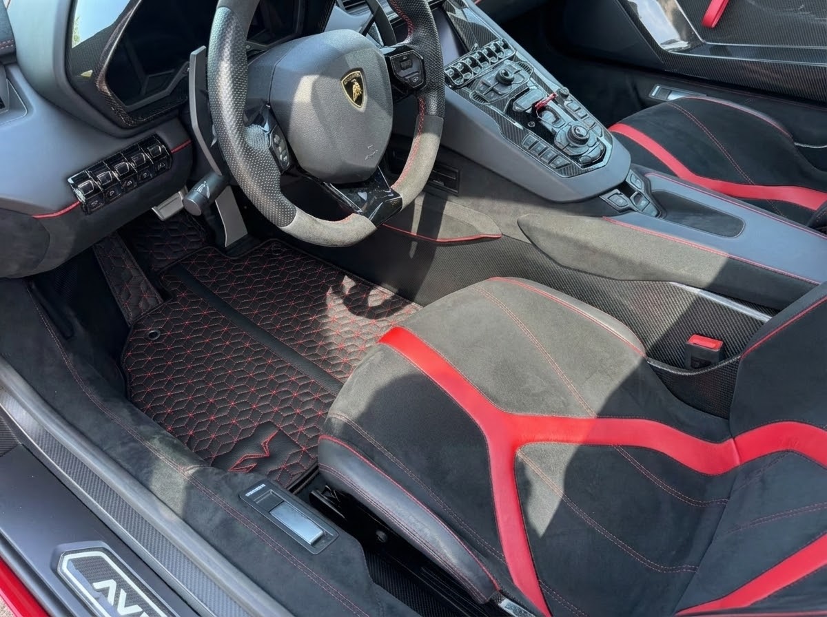 Interior look of floor mats for Lamborghini Aventador SV | Red Stitching