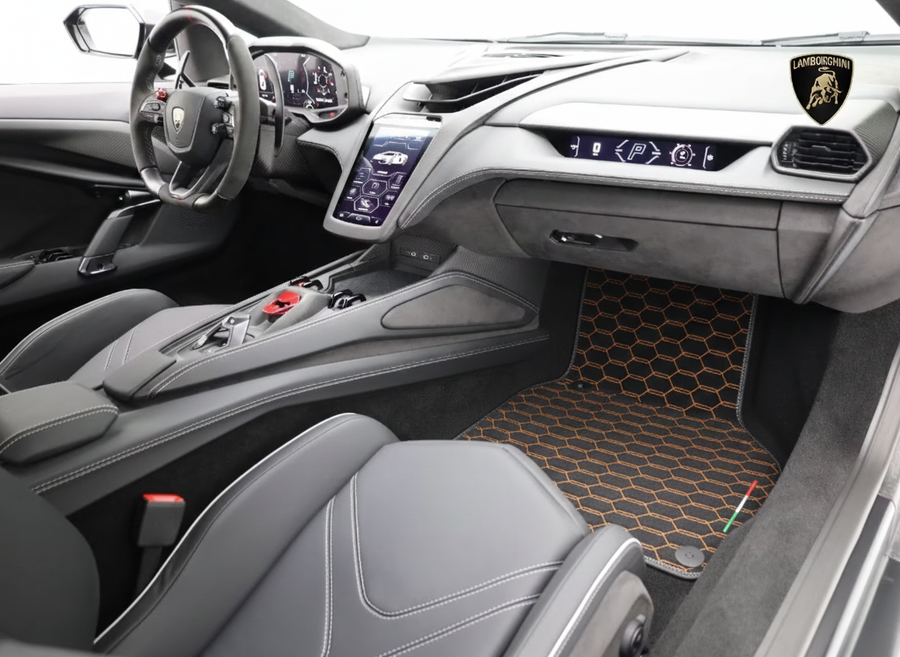 Alfombrillas de cuero negras para Lamborghini Revuelto (2024-2026) - Costura naranja