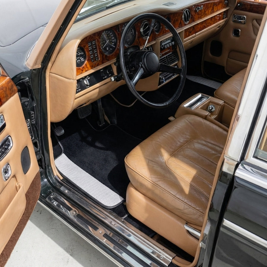 Black Floor Mats for Rolls Royce Wraith 2013–2023 with Gray Leather Borders