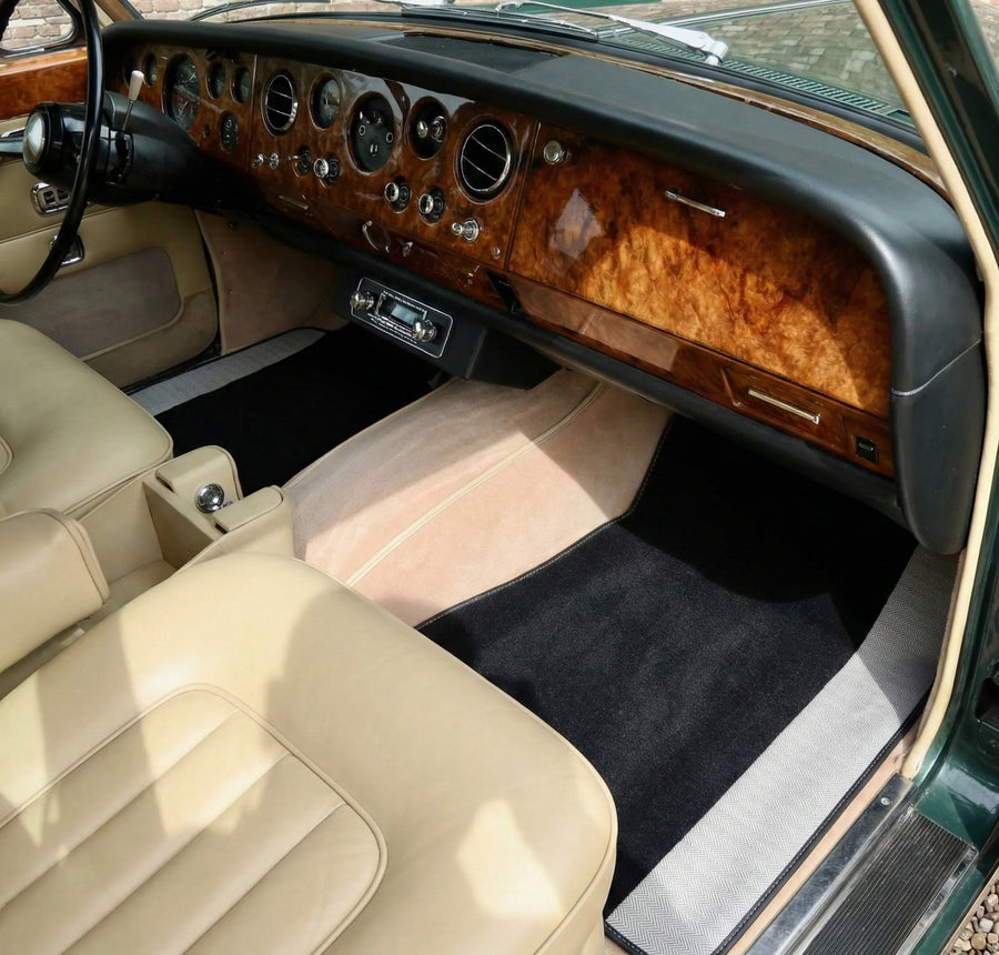 Schwarze Fußmatten für Rolls Royce Shadow 1965-1977 mit grauen Lederrändern