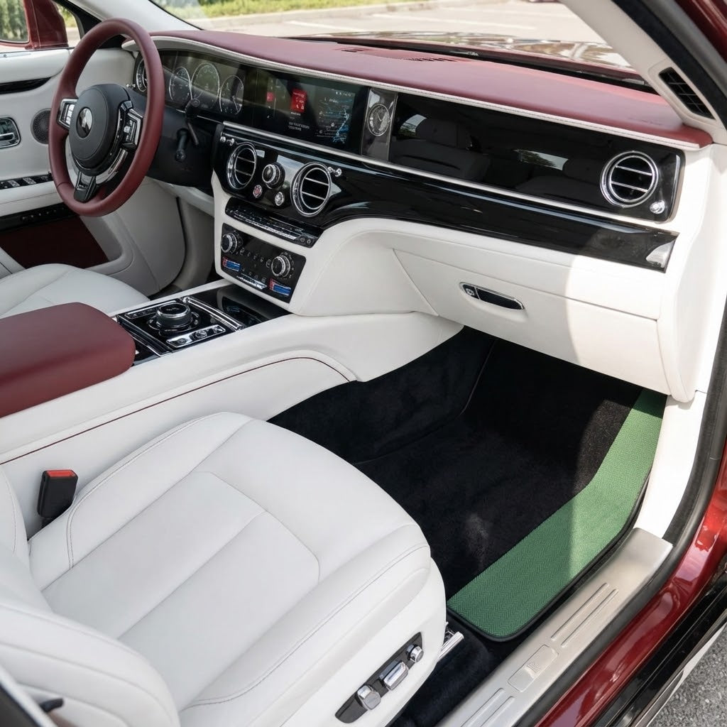 Alfombrillas negras para coches Rolls Royce Spectre (2023-2024) con bordes de cuero verde