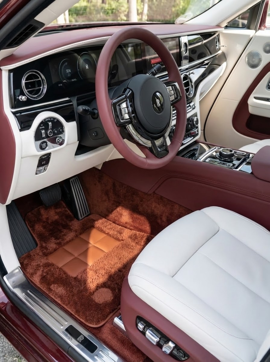 Tapis de voiture en peau de mouton marron pour Rolls Royce Spectre (2023-2024) Design ER56