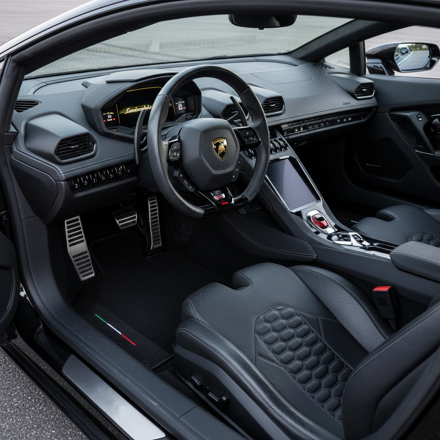 Maßgefertigte schwarze Fußmatten mit Leder für Lamborghini Gallardo (2004-2014) – Fighter Jet Edition