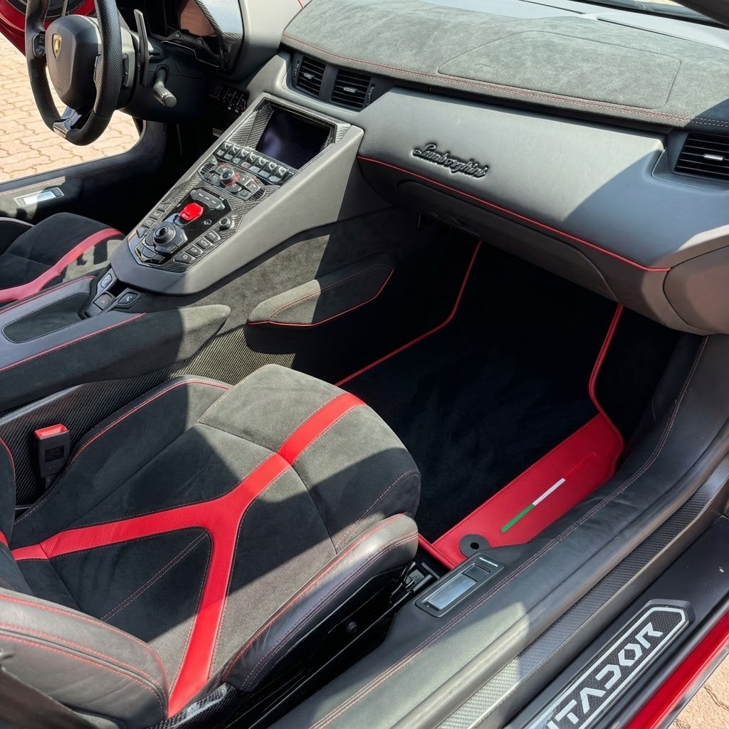Alfombrillas de coche personalizables para Lamborghini Aventador con cuero rojo