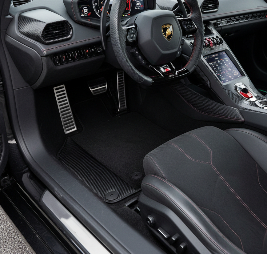 Alfombrillas negras personalizadas para Lamborghini Huracan EVO 2019-2024 con bordes de cuero de fibra de carbono