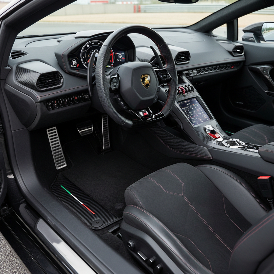 Tapis de voiture noirs sur mesure pour Lamborghini Huracan EVO 2019-2024 avec bordures en cuir en fibre de carbone
