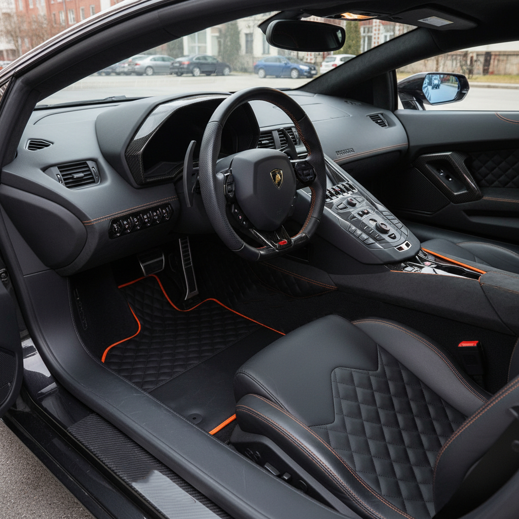 Customizable Black Leather Floor Mats For Lamborghini Aventador with Orange Trim