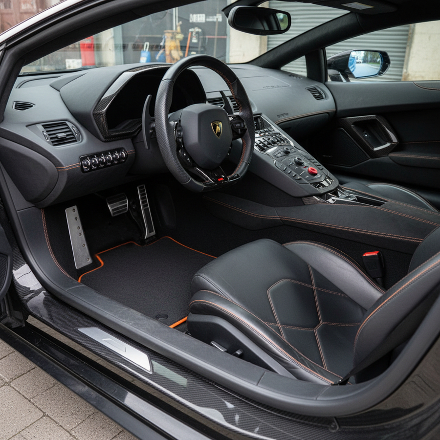Anpassbare Fußmatten für Lamborghini Aventador | Orangefarbener Rand