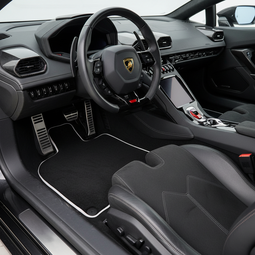 Black Carpet Floor Mats for Lamborghini Huracan STO | White Trim