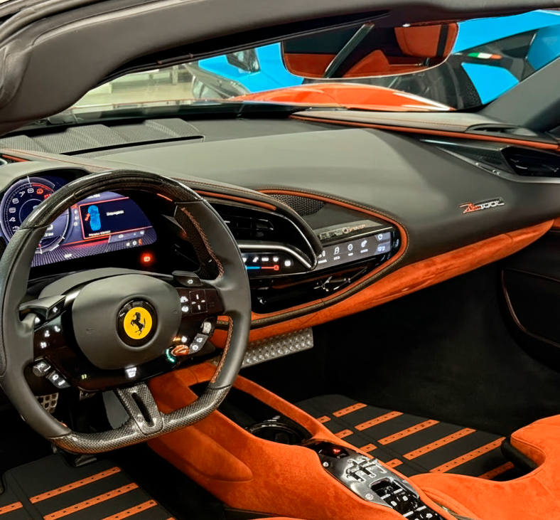 Gray Leather Floor Mats with Orange Daytona Design for Ferrari SF90 Stradale (2019-2024)