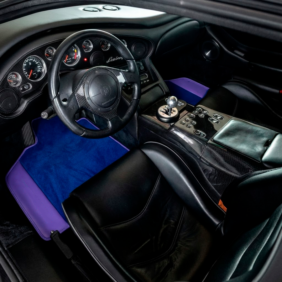 Alfombrillas de coche personalizables azules para Lamborghini Diablo (1990-2001) con cuero púrpura
