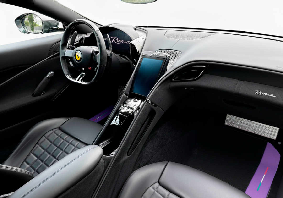 Alfombrillas Negras para Ferrari Roma (2021-2024) con Cuero Púrpura | Edición Italiana