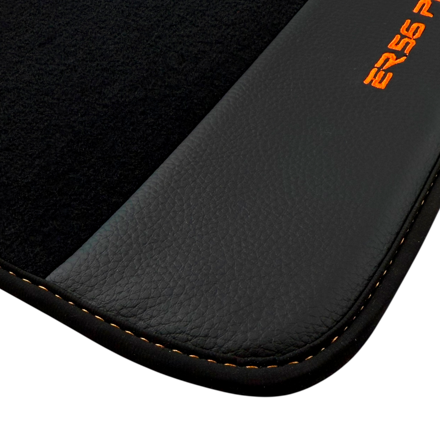 Black Car Floor Mats for BMW E81 3-door Hatchback (2006-2011) with Leather by ER56 | Orange Edition