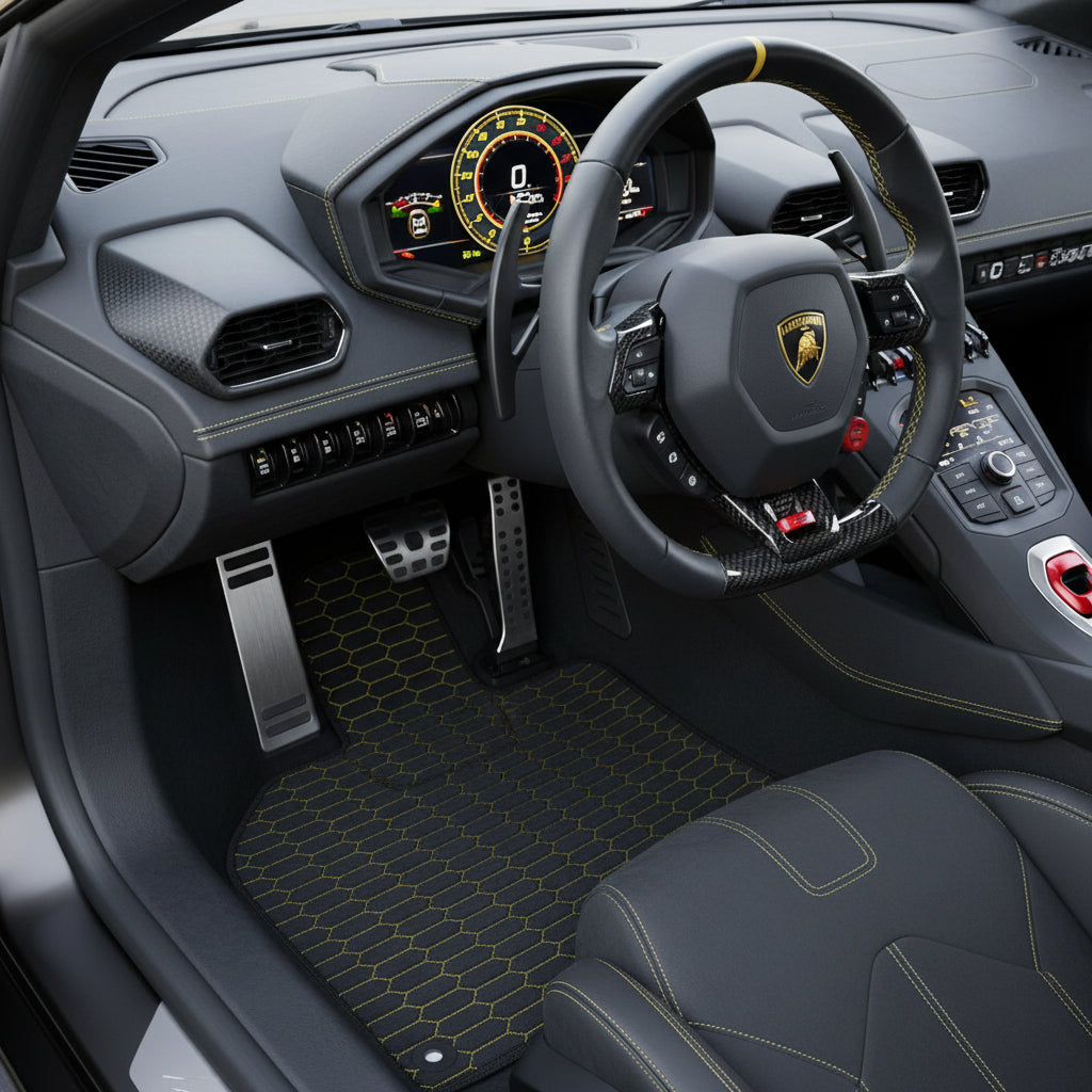 Black Floor Mats for Lamborghini Huracan Sterrato (2023-2024) with Black Alcantara Leather - AutoWin.EU