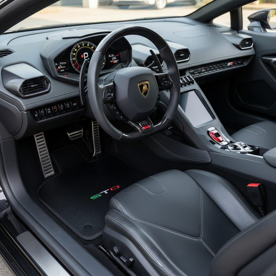 Carbon-Leder-Fußmatten für Lamborghini Huracan Sto Blue Stitching