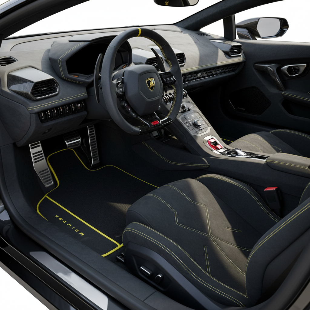 Alfombrillas de cuero negro personalizadas para Lamborghini Huracan Perfomante | Costura verde - AutoWin.EU