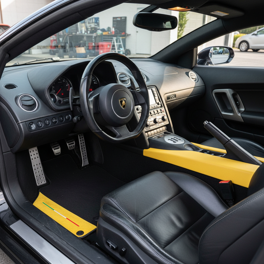 Alfombrillas de coche negras a medida para Lamborghini Gallardo con cuero Alcantara amarillo