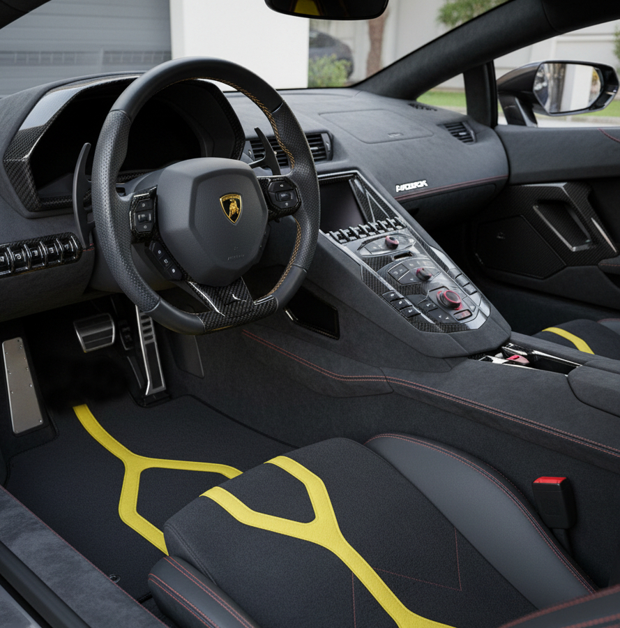 Tapis de voiture en cuir noir pour Lamborghini Aventador SVJ 63 Edition - AutoWin.EU