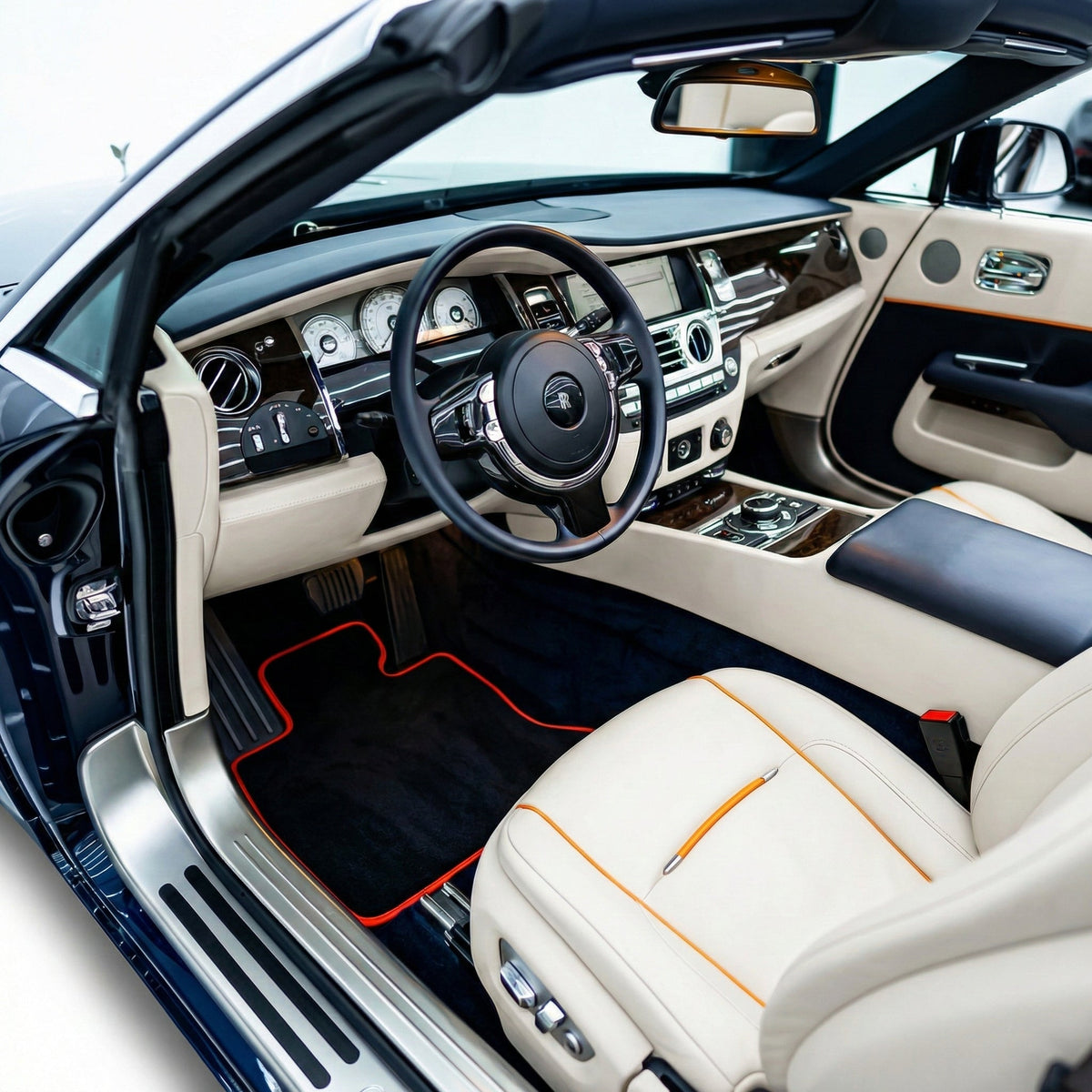 AutoWin Black Floor Mats for Rolls Royce Dawn (2016-2023) with Leather