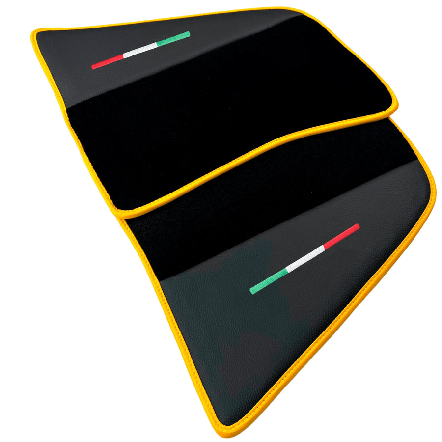 Black Floor Mats for Ferrari 296 GTB (2022-2027) with Leather and Yellow Trim - AutoWin