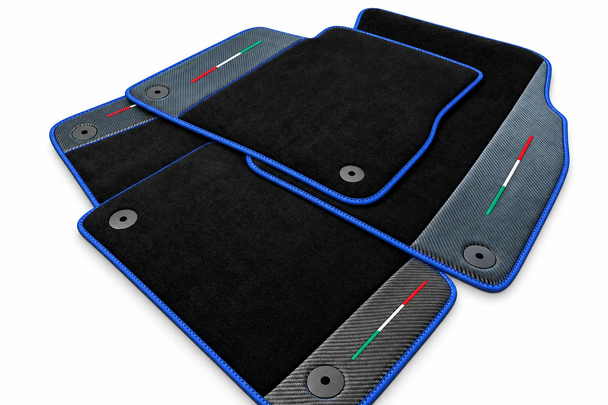 Black Floor Mats For Lamborghini Urus With Carbon Fiber Leather Blue trim
