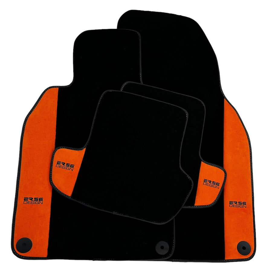 Black Floor Mats for Porsche Panamera (2009-2016) with Orange Alcantara Leather ER56 Design - AutoWin