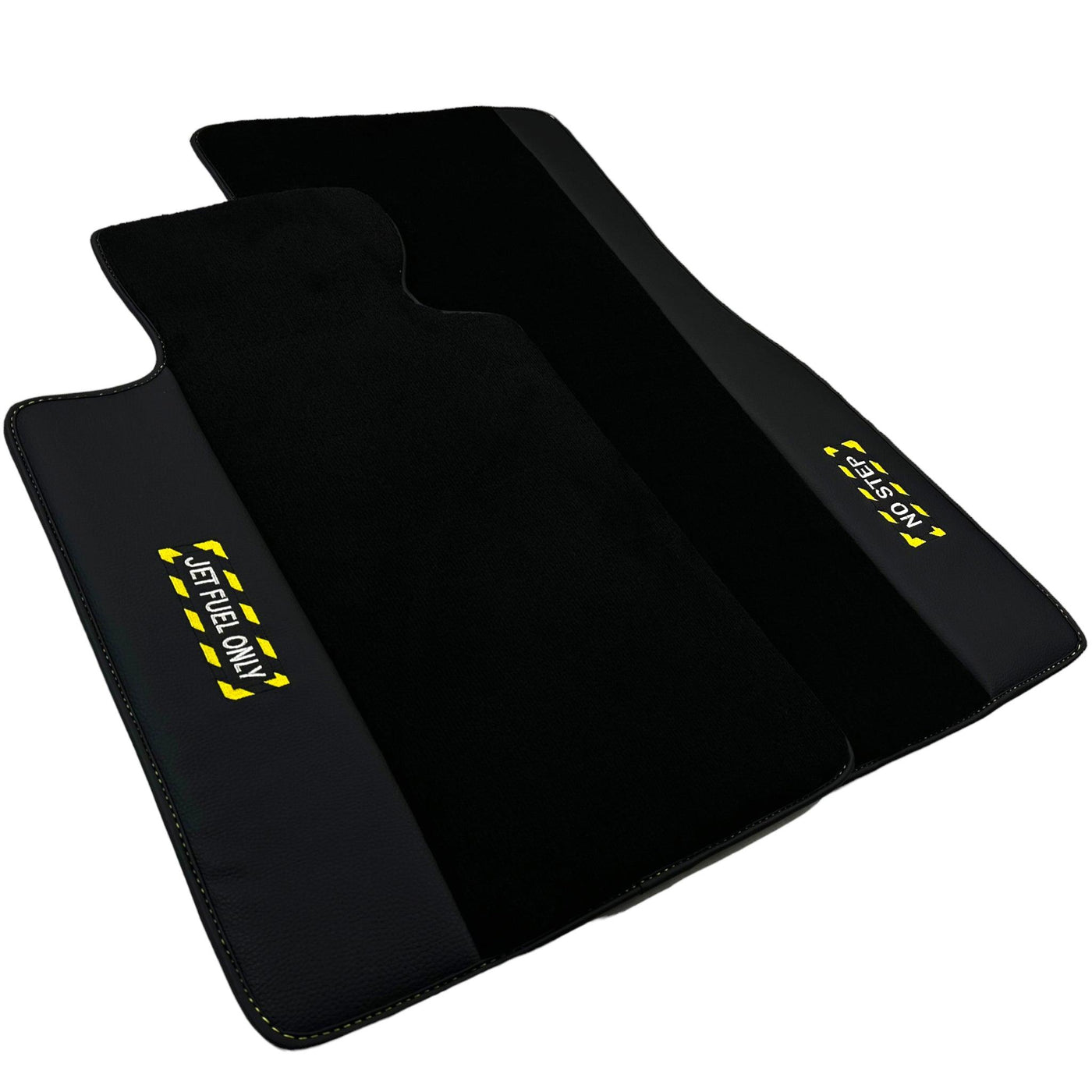 Black Floor Mats with Leather for BMW G61 (2023-2026) Touring - "Jet Fuel Only" - AutoWin