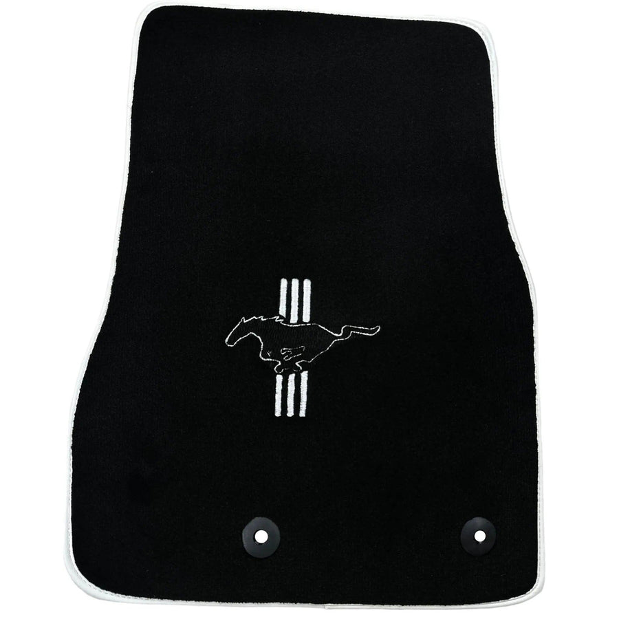 Black Floor Mats with White Trim for Ford Mustang V FL (2011-2014) With Pony - AutoWin
