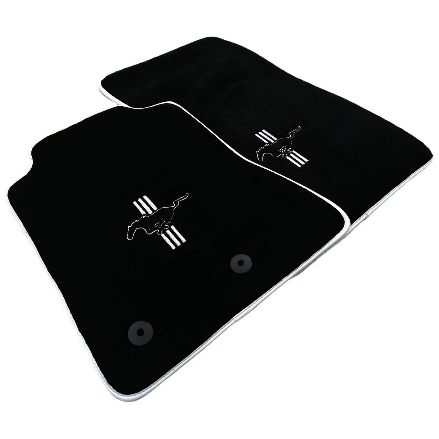 Black Floor Mats with White Trim For Ford Mustang VI (2015-2023) With Pony - AutoWin