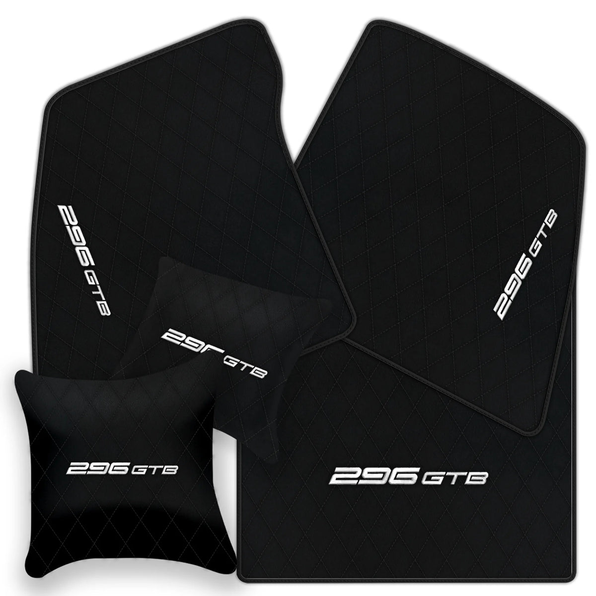 Black Leather Floor Mats for Ferrari 296 GTB (2022-2027) with Single Diamond Pattern | Full Set Option