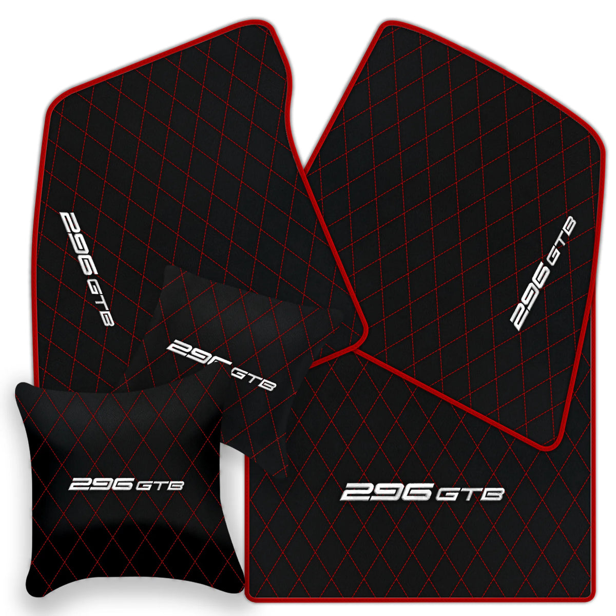 Black Leather Floor Mats for Ferrari 296 GTB (2022-2027) with Single Diamond Pattern | Full Set Option