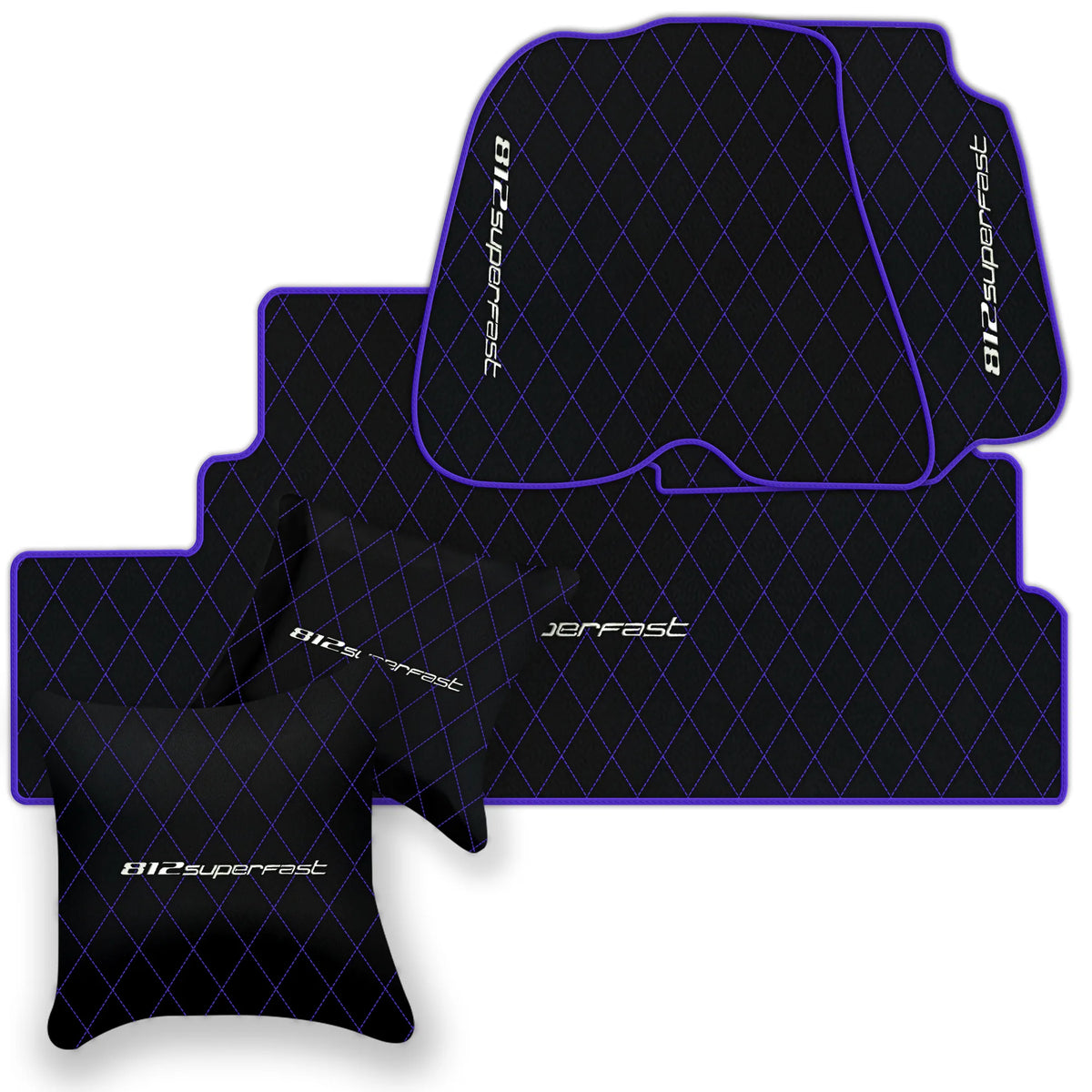 Black Leather Floor Mats for Ferrari 812 Superfast (2018-2023) with Single Diamond Pattern | Full Set Option