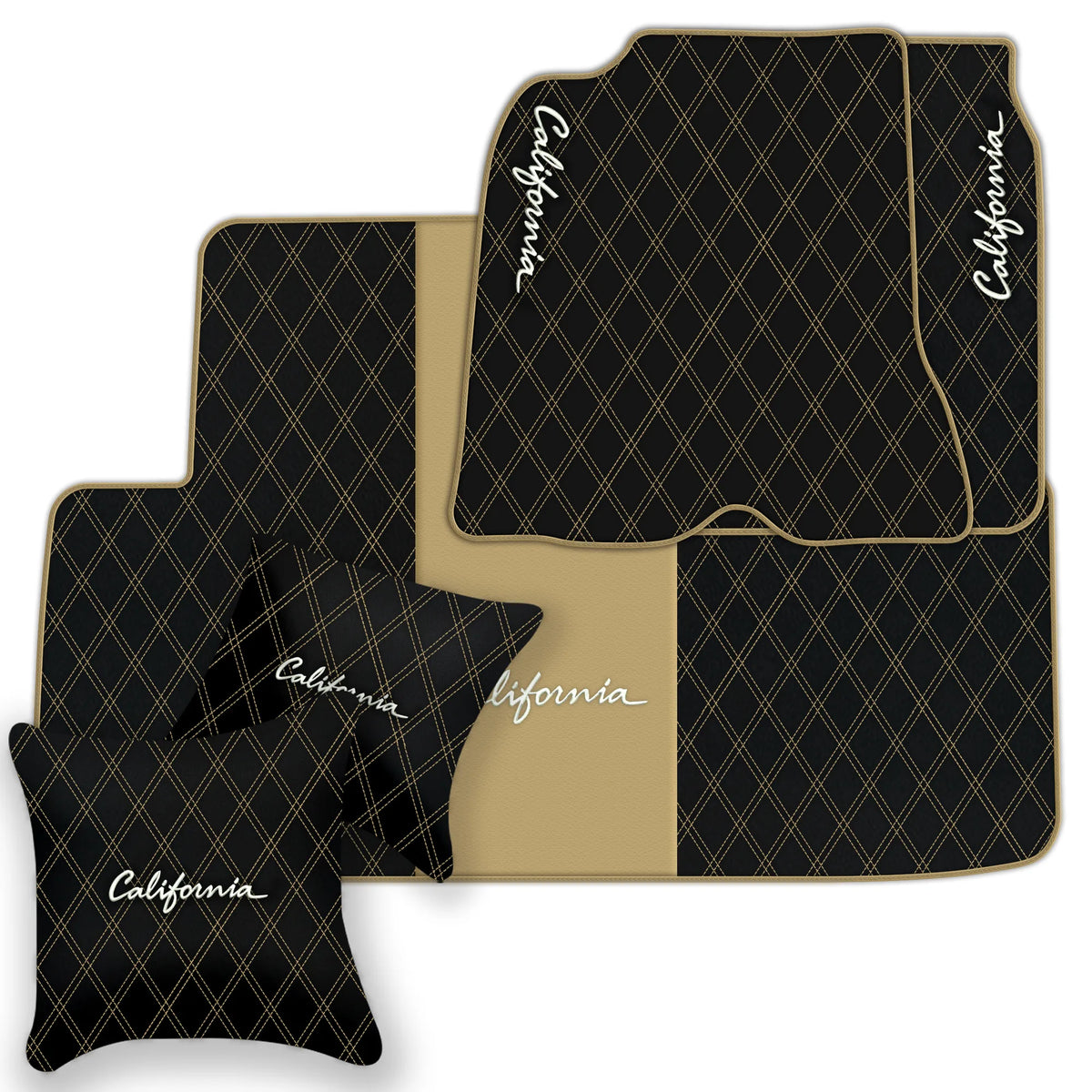 Black Leather Floor Mats for Ferrari California (2008-2014) with Double Diamond Pattern | Full Set Option