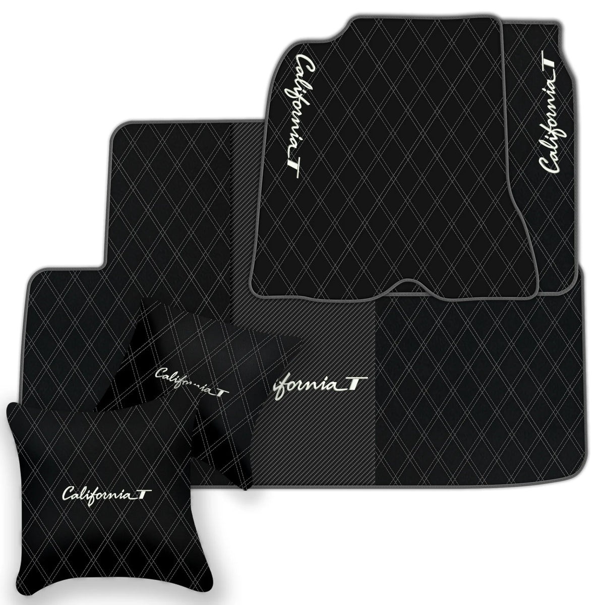 Black Leather Floor Mats for Ferrari California T (2015-2018) with Double Diamond Pattern | Full Set Option