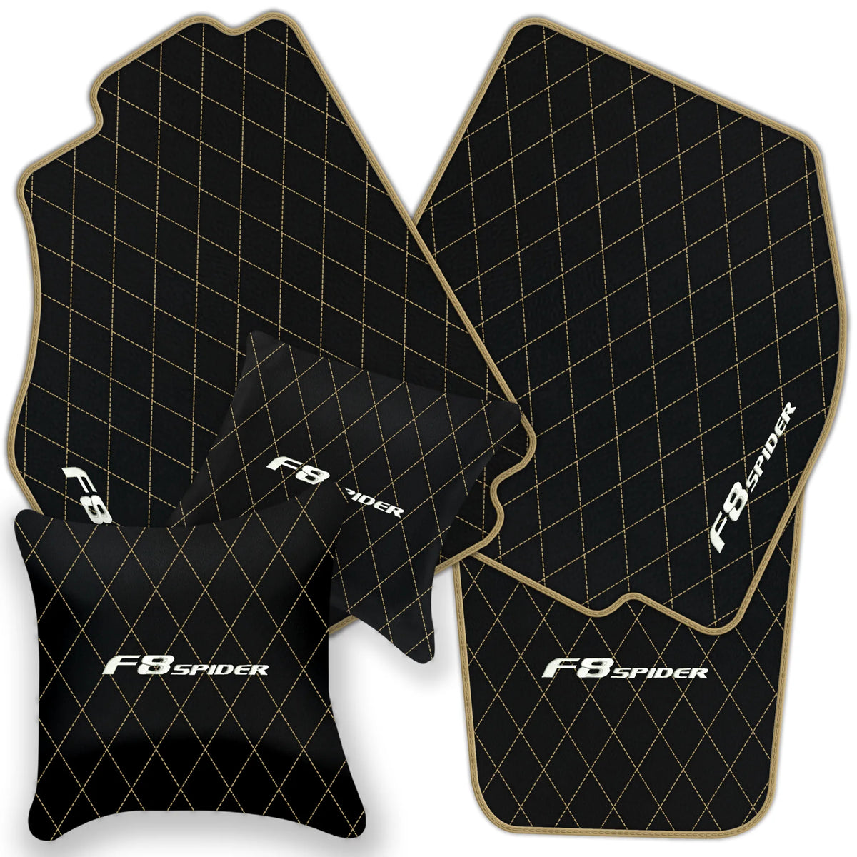 Black Leather Floor Mats for Ferrari F8 Spider (2019-2023) with Single Diamond Pattern | Full Set Option