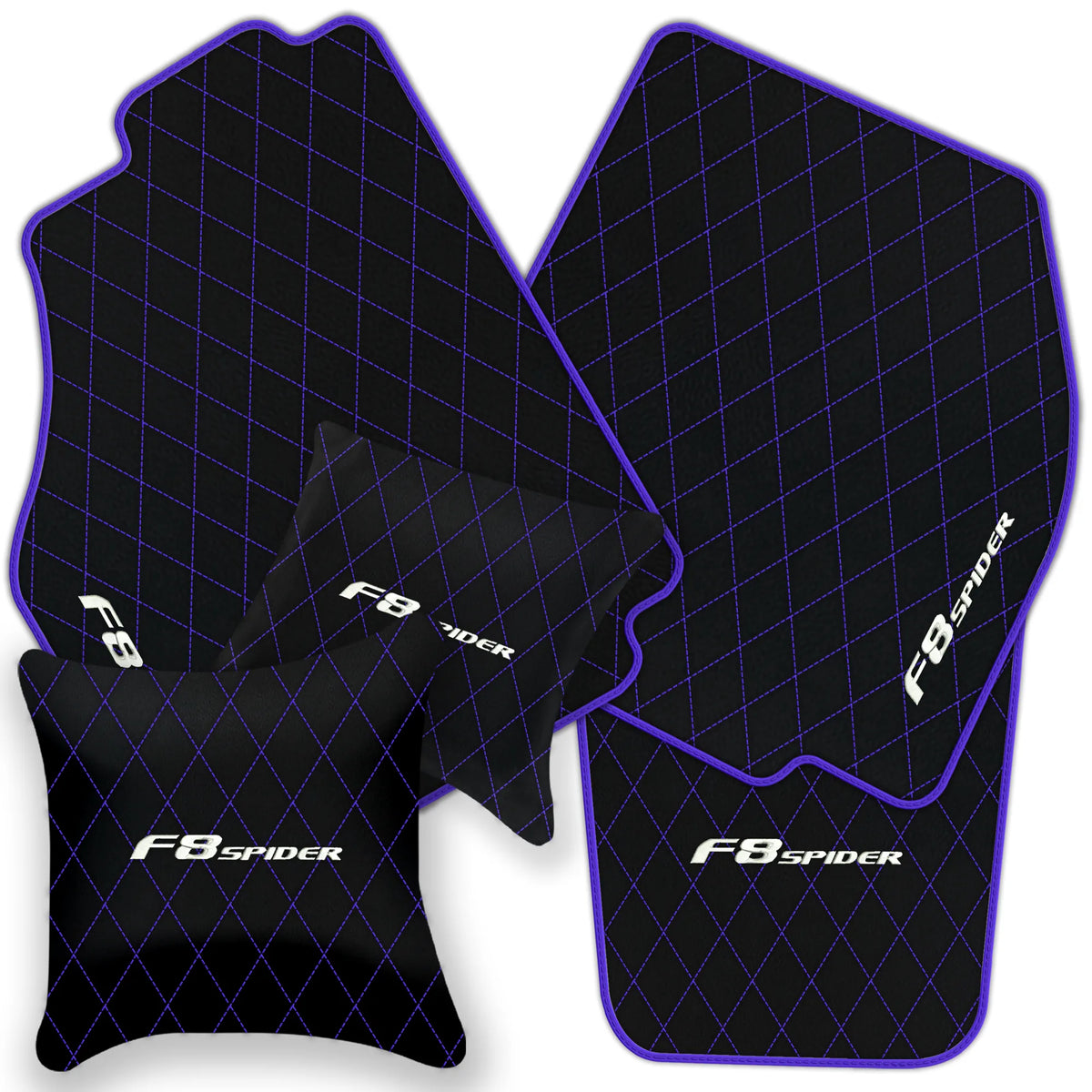 Black Leather Floor Mats for Ferrari F8 Spider (2019-2023) with Single Diamond Pattern | Full Set Option