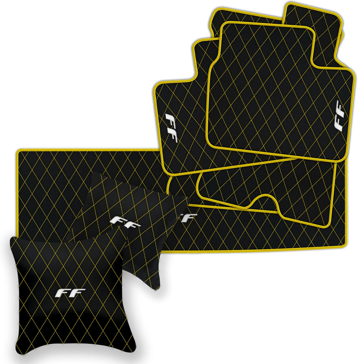 Black Leather Floor Mats for Ferrari FF (2011-2016) with Single Diamond Pattern | Full Set Option