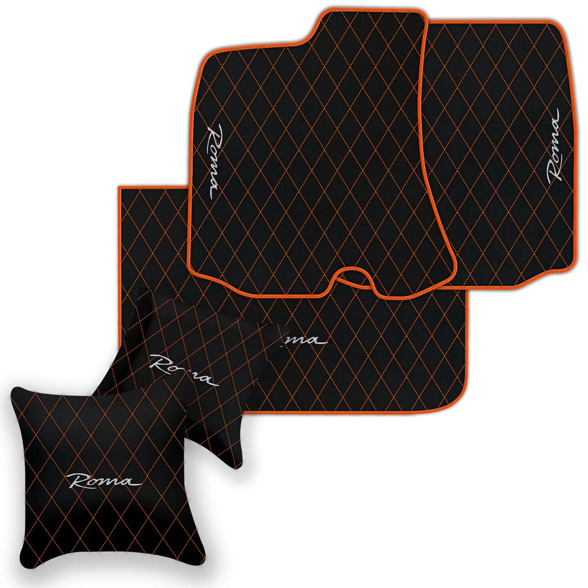 Black Leather Floor Mats for Ferrari Roma (2021-2027) with Single Diamond Pattern | Full Set Option